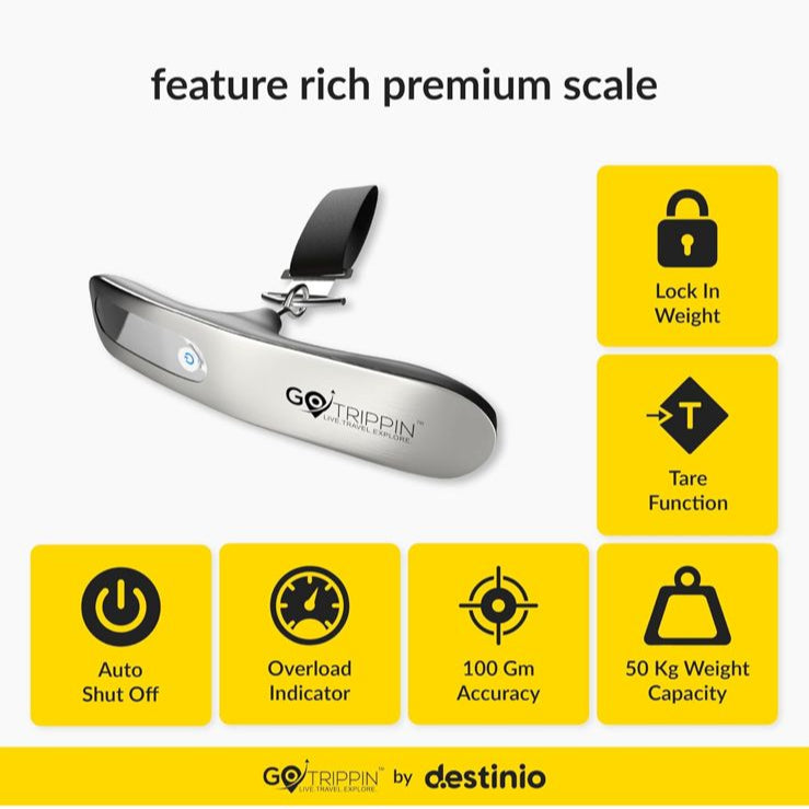 GoTrippin by Destinio Weight Machine for Luggage - 50 kg capacity, Steel body, Lifetime replacement - Digital Portable Electronic Luggage Weighing Scale for home, travel, flights, bags (Silver, 50 kg)